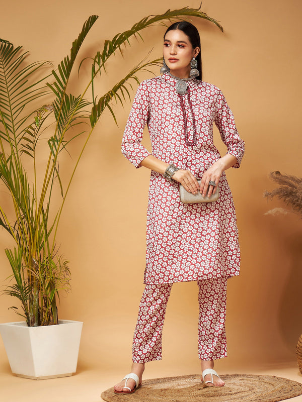 Women's White Floral Neck Band Kurta With Pants - Lyush