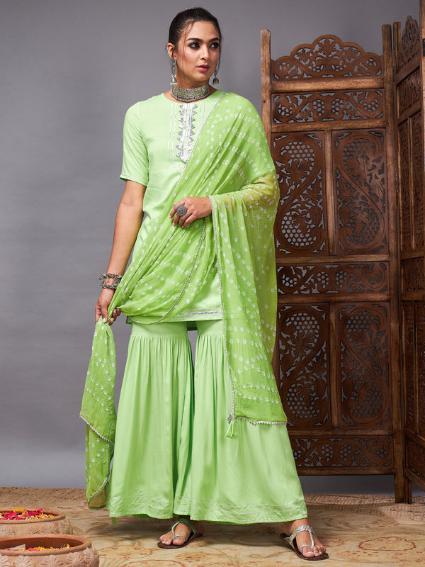 Women's Green Short Kurta With Sharara & Bandhej Dupatta - Lyush