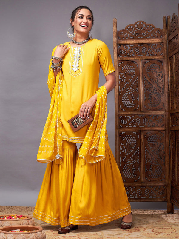 Women's Mustard Short Kurta With Sharara & Bandhej Dupatta - Lyush