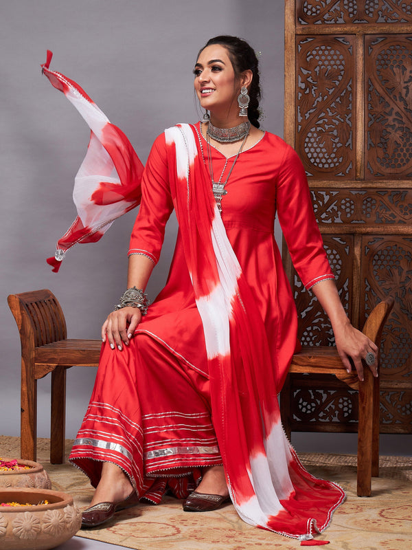 Women's Red Short Kurta With Sharara & Lehariya Dupatta - Lyush