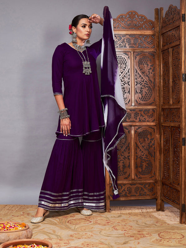 Women's Purple Short Kurta With Sharara & Lehariya Dupatta - Lyush