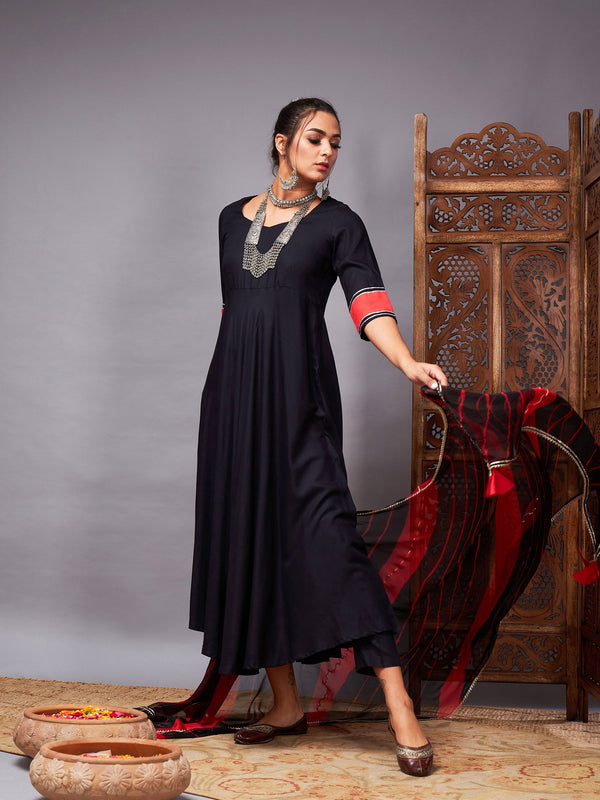 Women's Black Kurta Set With Red Lehariya Dupatta - Lyush