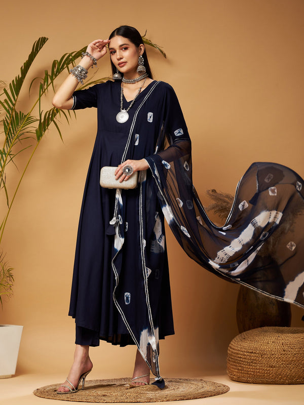 Women's Navy Kurta Set With Bandhej Dupatta - Lyush