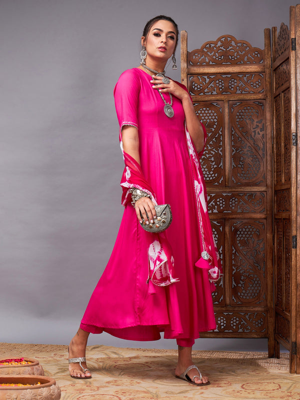 Women's Fuchsia Kurta Set With Bandhej Dupatta - Lyush