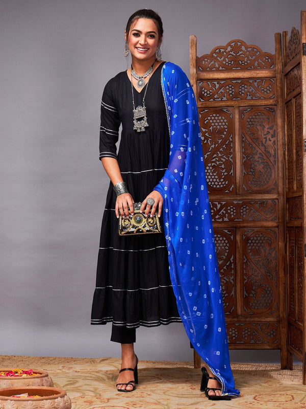 Women's Black Tiered Kurta Set With Blue Bandhej Dupatta - Lyush