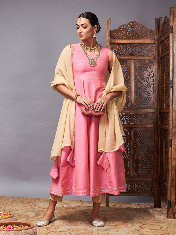 Women's Pink & Beige Anarkali Kurta Set With Beige Dupatta - Lyush