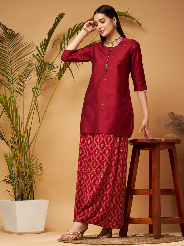 Women's Maroon Short Kurta With Printed Flared Palazzos - Lyush