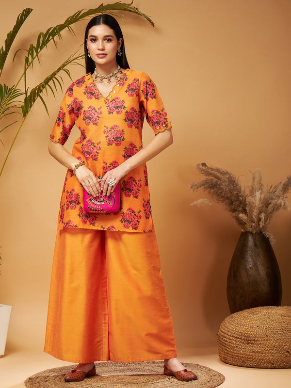 Women's Mustard Emb Floral Short Kurta With Flared Palazzos - Lyush