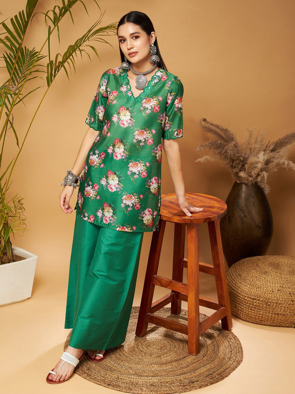 Women's Green Emb Floral Short Kurta With Flared Palazzos - Lyush