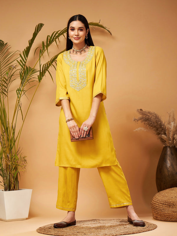 Women's Yellow Gota Embroidered Kurta with Pants - Lyush