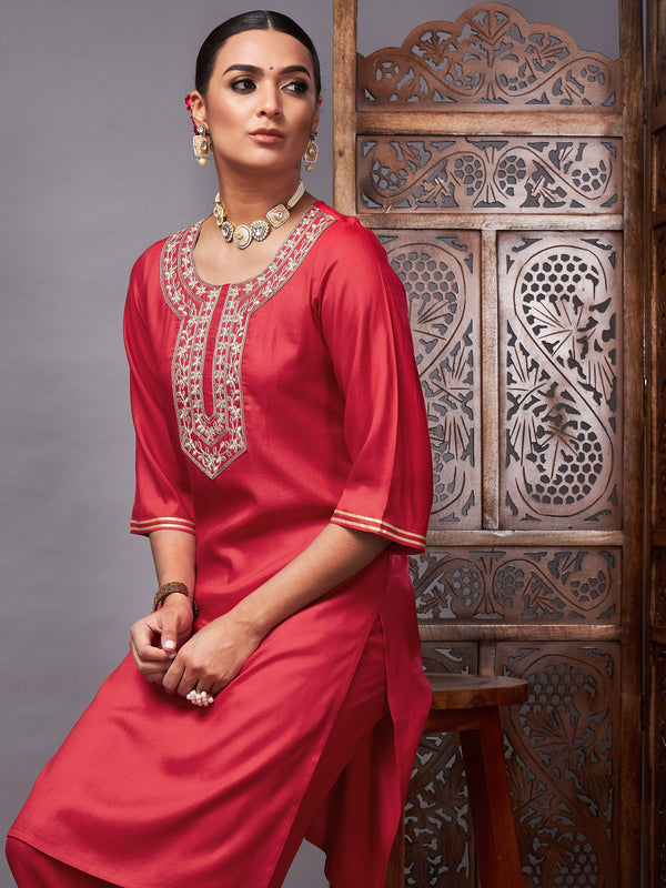 Women's Red Gota Embroidered Kurta with Pants - Lyush