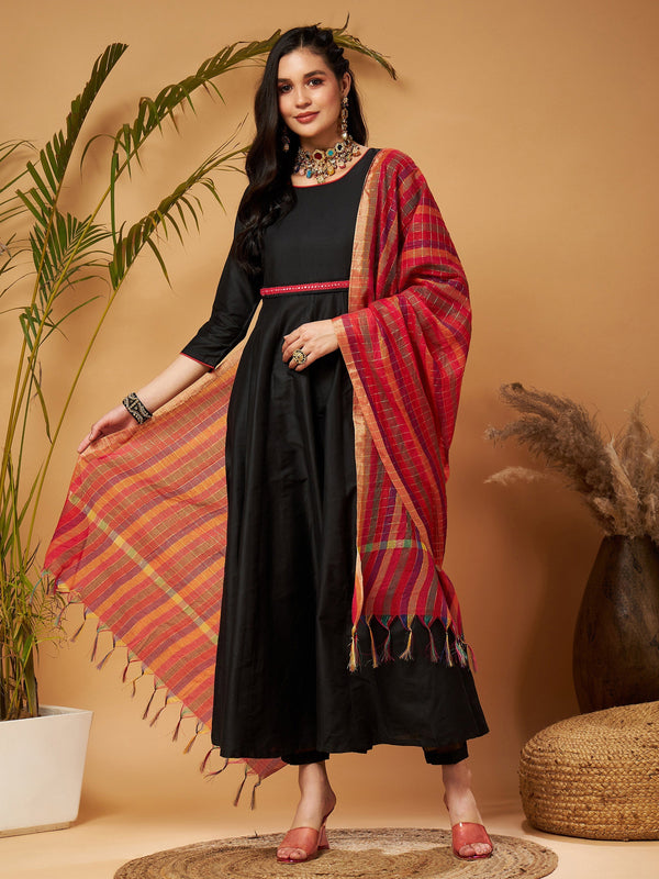 Women's Black Anarkali Kurta Set With Red Striped Dupatta - Lyush