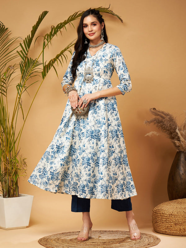 Women's Blue Floral Anarkali Kurta With Pants - Lyush