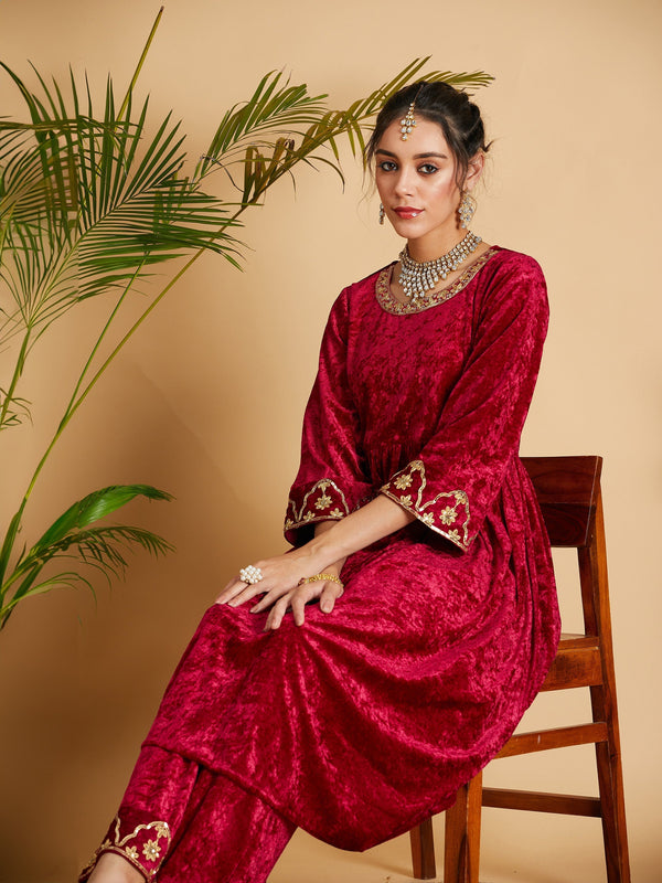 Women's Fuchsia Velvet Embroidered Dress With Pants - Lyush