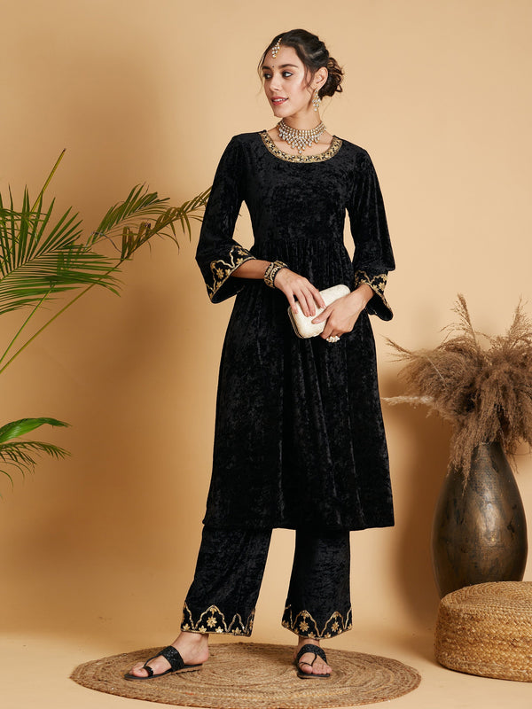 Women's Black Velvet Embroidered Dress With Pants - Lyush