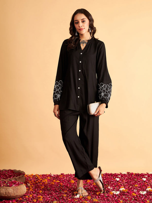 Women's Black Sleeves Embroidered Shirt With Pants - Lyush