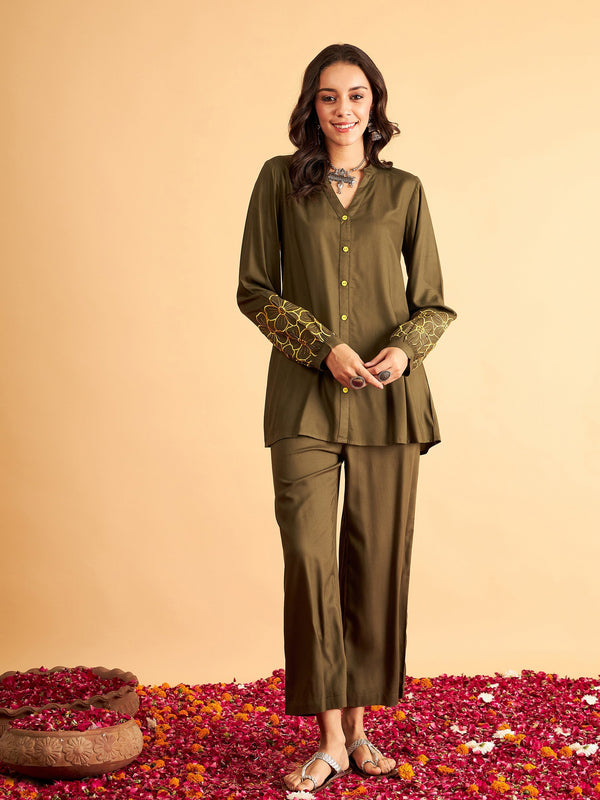 Women's Olive Sleeves Embroidered Shirt With Pants - Lyush