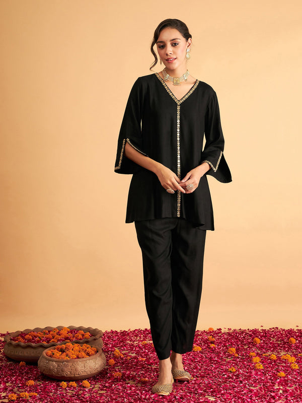 Women's Black Embroidered A Line Top With Pants - Lyush