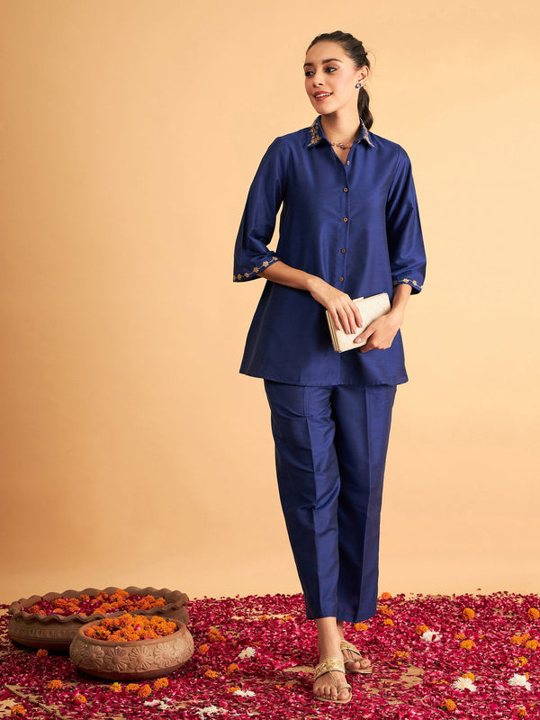 Women's Royal Blue Embroidered Collar Shirt With Pants - Lyush