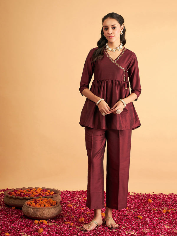 Women's Maroon Embroidered Wrap Peplum Top With Pants - Lyush