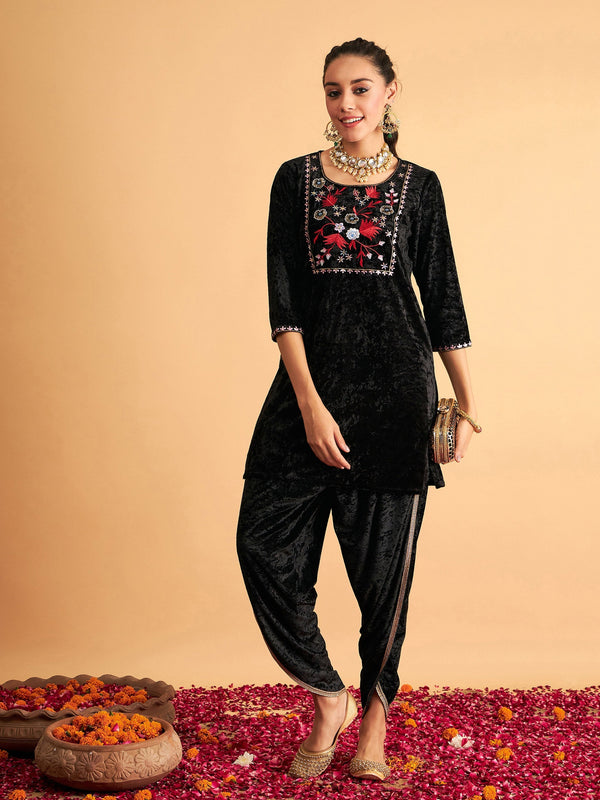 Women's Black Velvet Embroidered Short Kurta With Dhoti Pants - Lyush