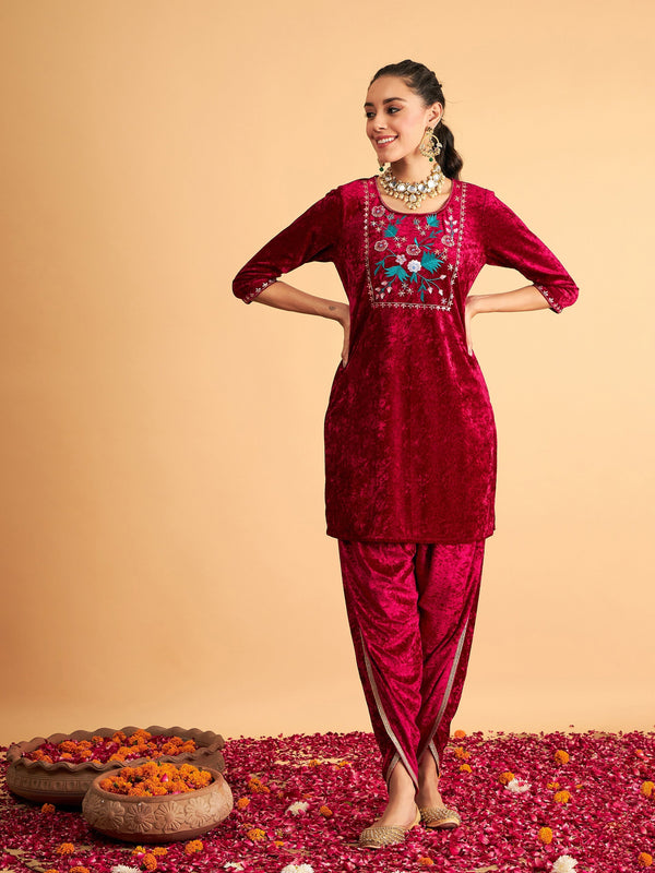 Women's Fuchsia Velvet Embroidered Short Kurta With Dhoti Pants - Lyush