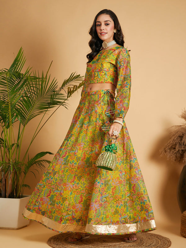 Women's Lemon Yellow Floral Anarkali Skirt With Crop Top - Lyush