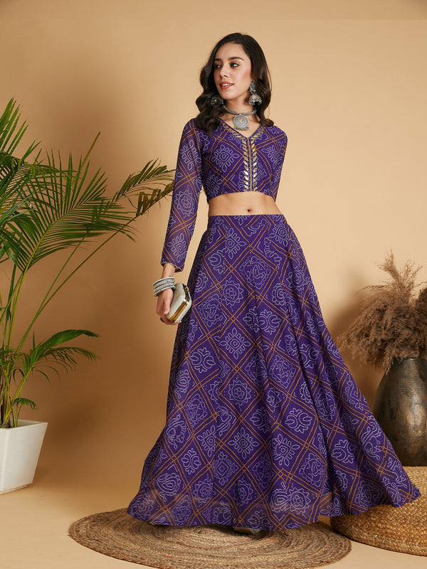 Women's Purple & White Bandhej Anarkali Skirt With Crop Top - Lyush