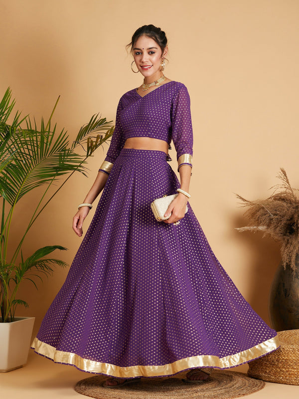 Women's Purple Dot Foil Print Anarkali Skirt With Crop Top - Lyush