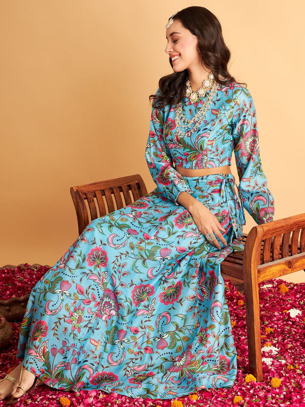 Women's Blue Floral Anarkali Skirt With Crop Top - Lyush