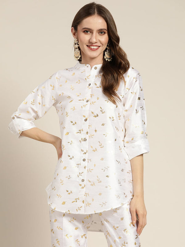 Women's White Chanderi Gold Foil High Low Shirt - Lyush