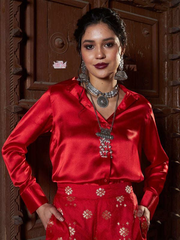 Women's Red Satin Regular Shirt - SASSAFRAS