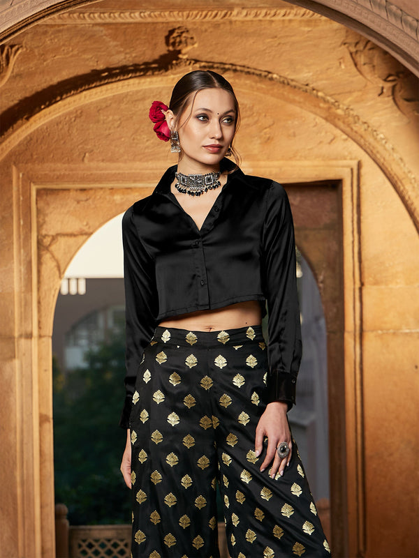 Women's Black Satin Crop Shirt - SASSAFRAS