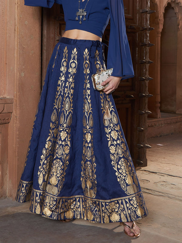 Women's Navy Floral Foil Print Anarkali Skirt - SASSAFRAS