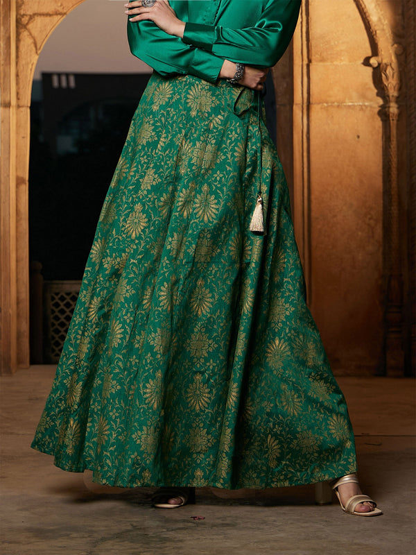 Women's Green Brocade Jacquard Anarakali Skirt - SASSAFRAS