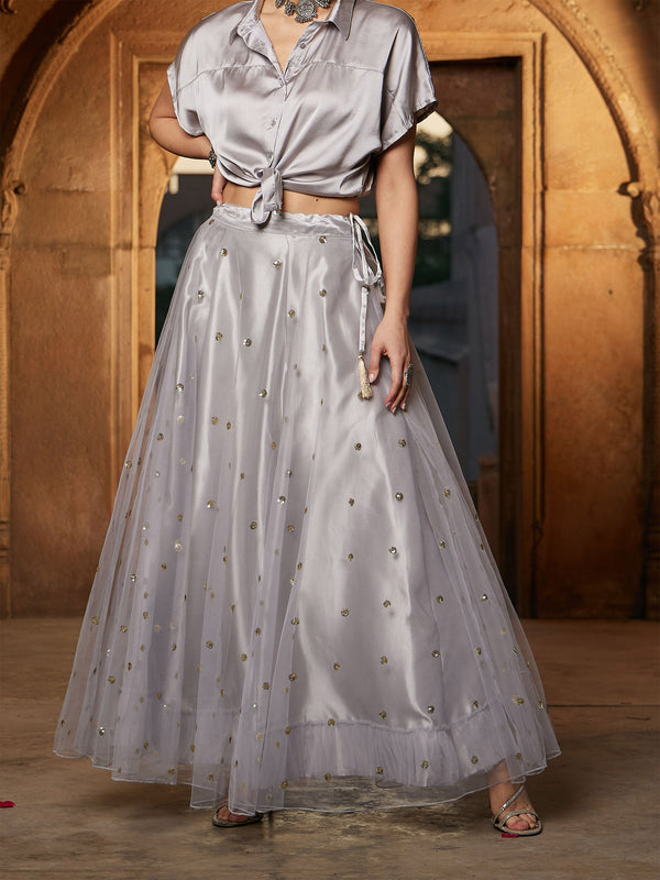 Women's Grey Tulle Sequin Anarkali Skirt - SASSAFRAS