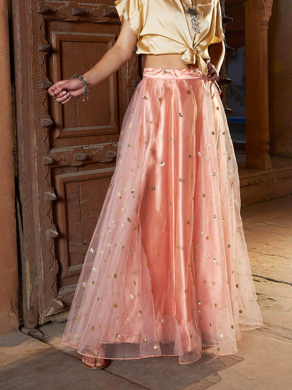 Women's Peach Tulle Sequin Anarkali Skirt - SASSAFRAS