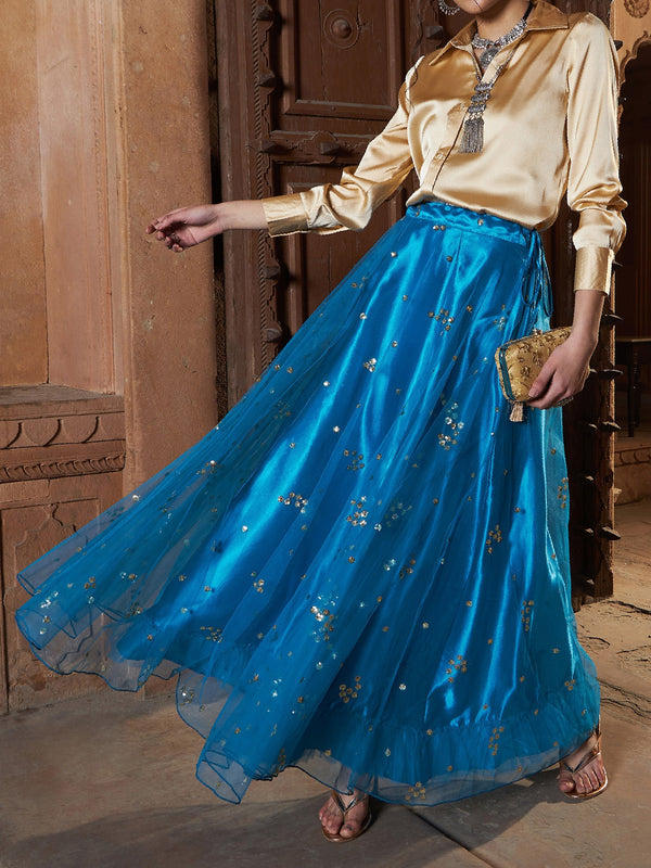 Women's Teal Tulle Sequin Bias Flare Anarkali Skirt - SASSAFRAS