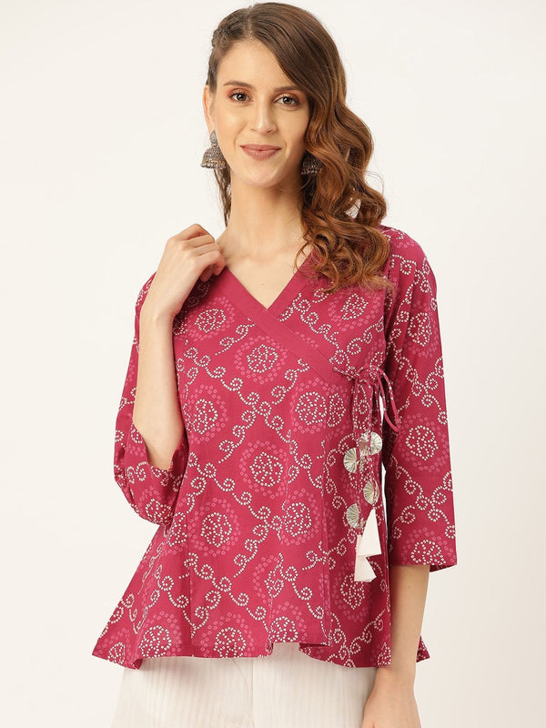 Women's Fuchsia Bandhej Angrakha Top - SASSAFRAS