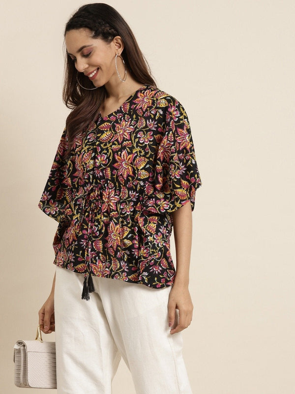 Women's Black Floral Short Kaftan Top - SHAE