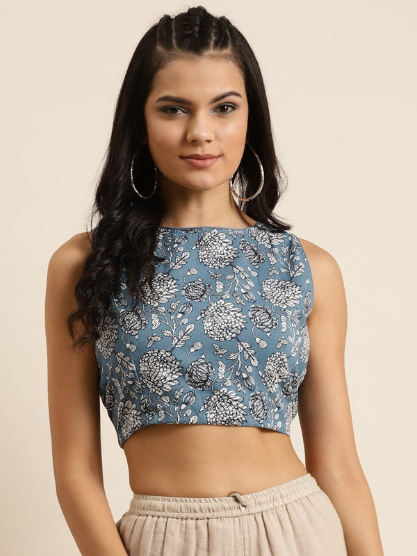 Women's Blue Floral Sleeveless Crop Top - SHAE