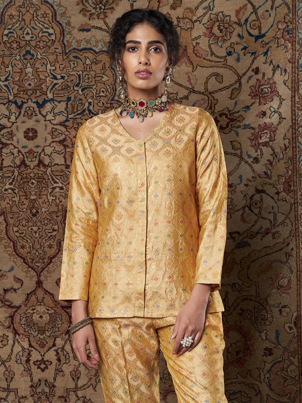 Women's Golden Indian Motif Brocade Top - Lyush