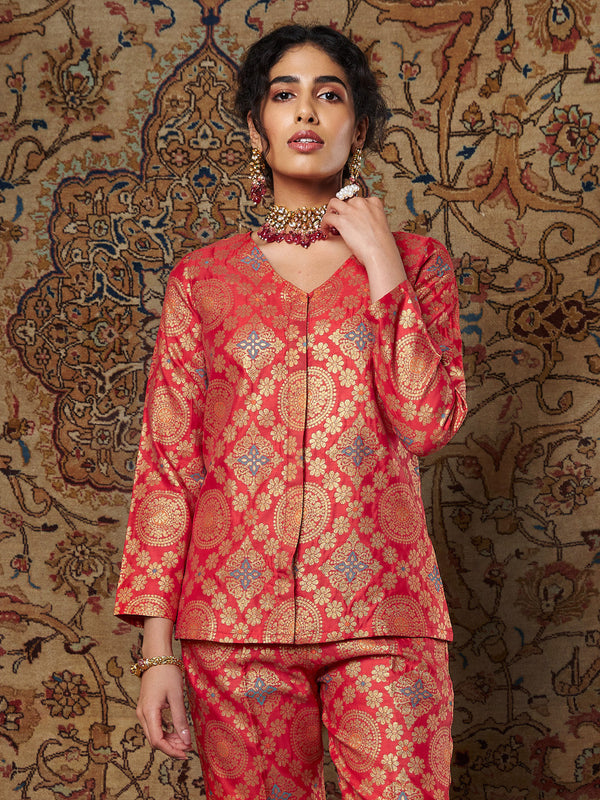 Women's Red Large Indian Motif Brocade Top - Lyush