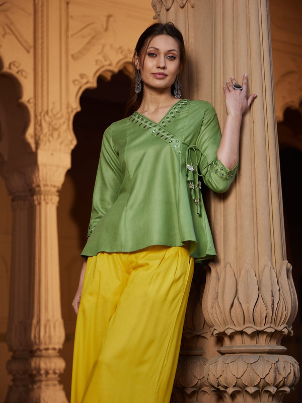 Women's Green Embroidered Angrakha Top - SASSAFRAS