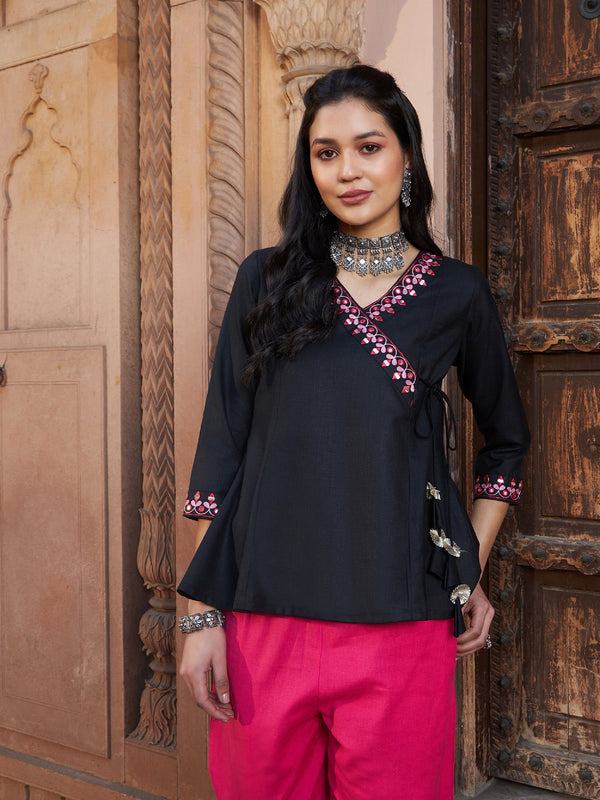 Women's Black Embroidered Angrakha Top - SASSAFRAS