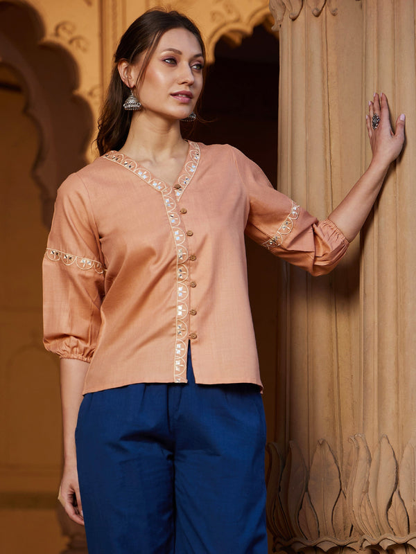 Women's Peach Scalloped Embroidered Top - SASSAFRAS