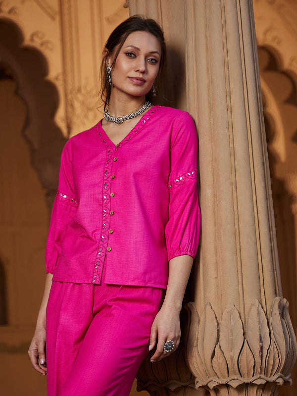 Women's Fuchsia Scalloped Embroidered Top - SASSAFRAS