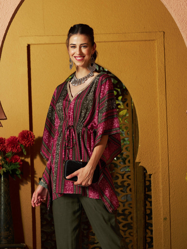 Women's Maroon Geometric Floral Short Kaftan Top - SASSAFRAS