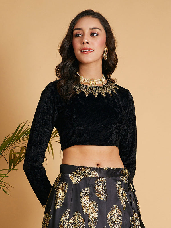 Women's Black Velvet Embroidered Crop Top - Lyush