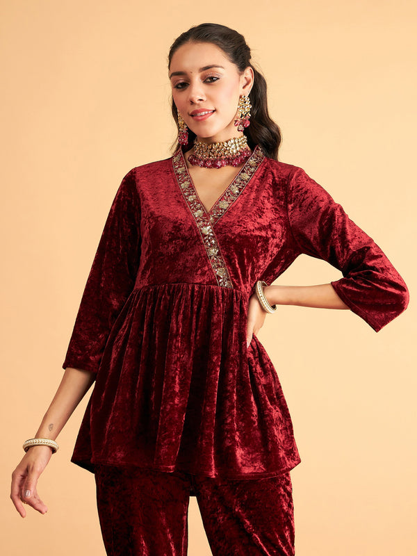 Women's Maroon Velvet Embroidered Peplum Top - Lyush